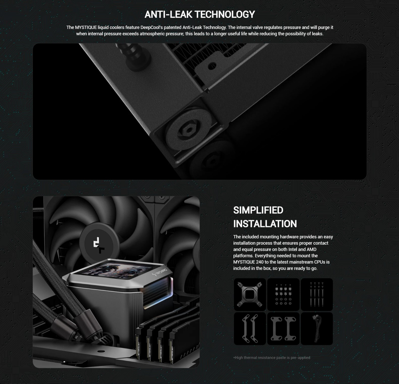 A large marketing image providing additional information about the product DeepCool MYSTIQUE 240 AIO Liquid CPU Cooler - Black - Additional alt info not provided